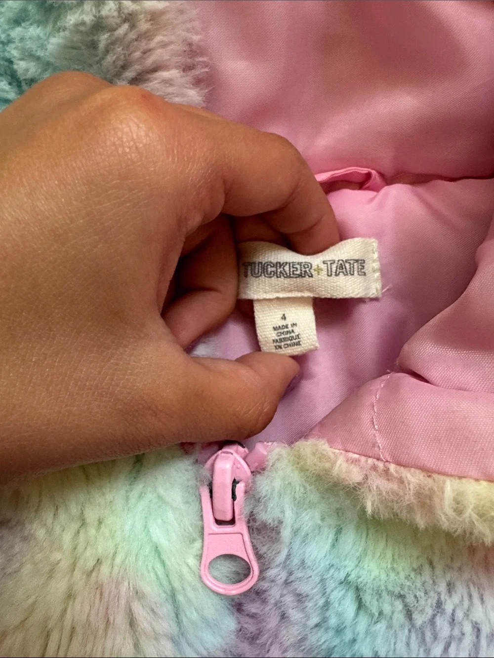 Tucker + Tate Pastel Rainbow Faux Fur Hoodie in Pink Lining, size 4